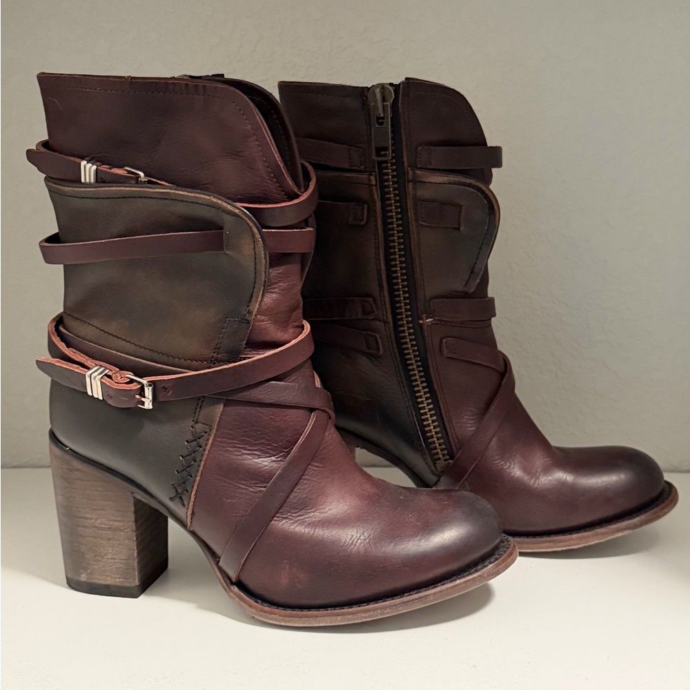 Freebird by Steven Burgundy and Dark Brown Leather Heeled Ankle Boots